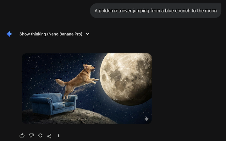 Image of a dog jumping from a blue couch to the moon