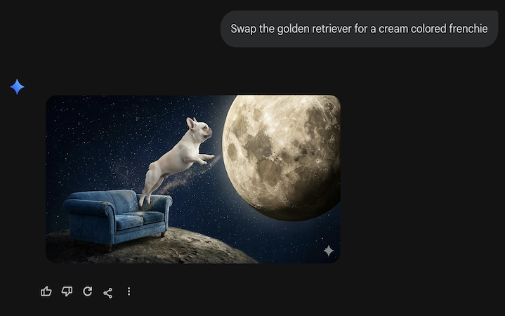 Image of a Frenchie jumping from a blue couch to the moon