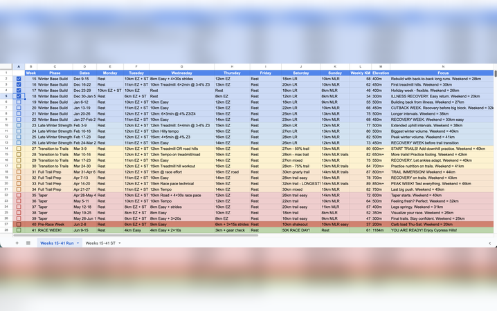 Image of a running training spreadsheet
